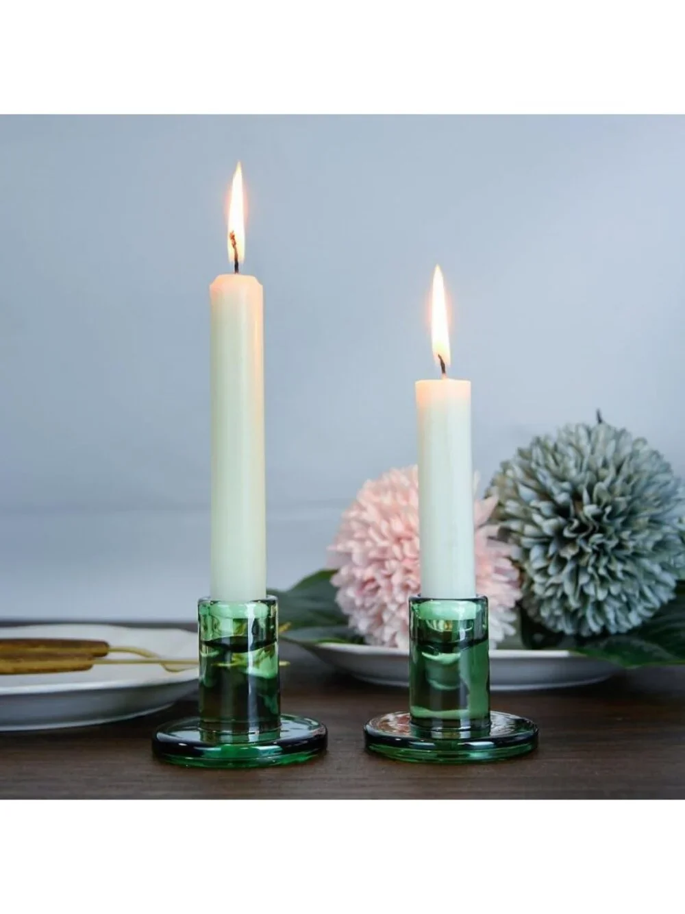 Set of 6 Short Green Glass Taper Candle Holders for 7/8